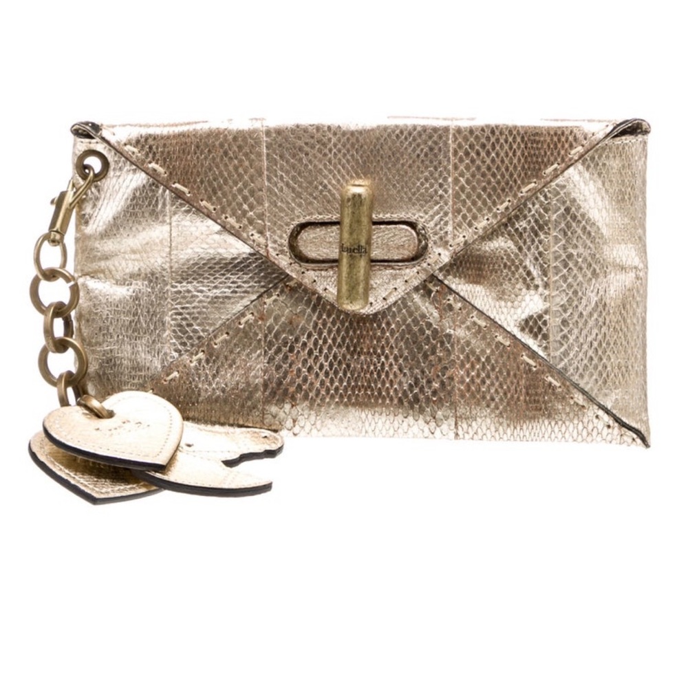 Metallic Gold Snakeskin Envelope Clutch with Heart Charm